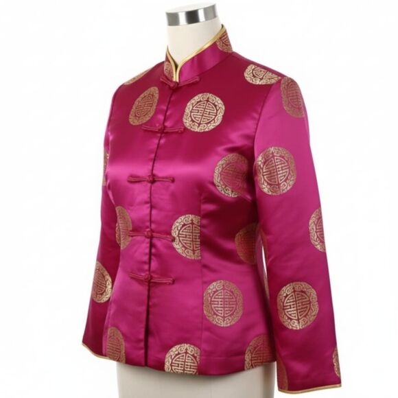 Chinese Tang Cheongsam Magenta Gold Jacket Frog Buttons Mandarin Collar Sz M - Picture 5 of 15